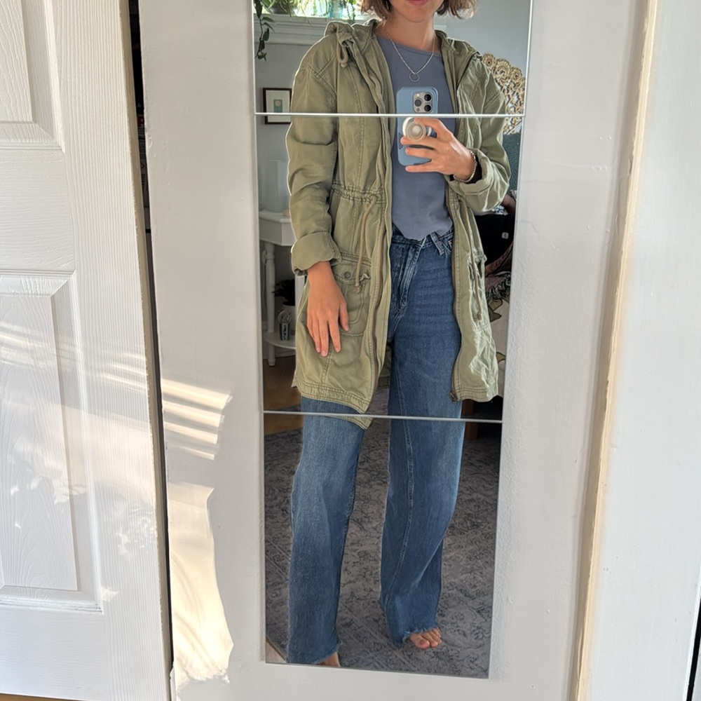 Hollister green long jacket with drawstring waist